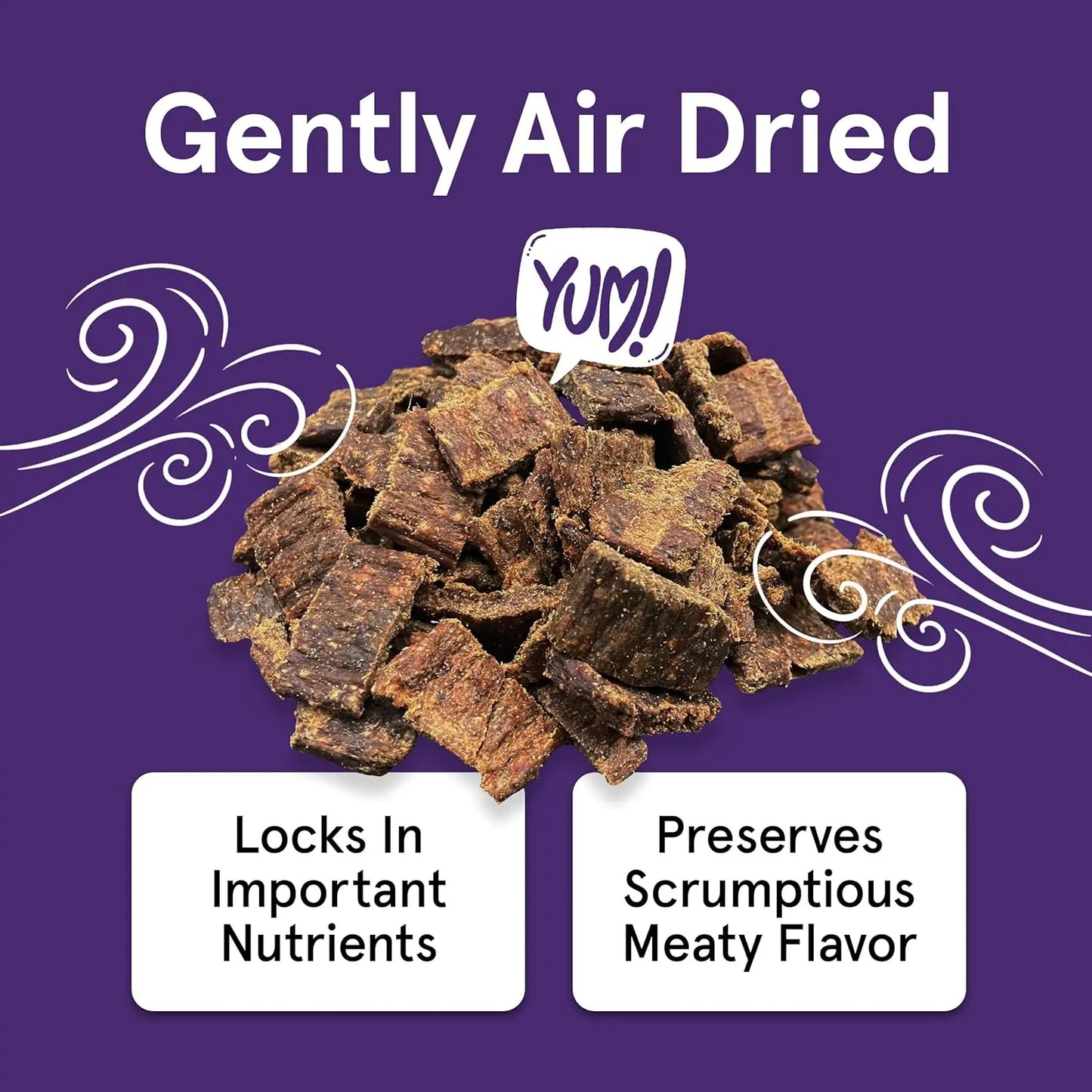A stack of dark brown, square Real Meat® Lamb & Lamb Liver Jerky Dog Treats sits on a purple background. Above: Gently Air Dried with a YUM! sign. Below: Boxes read Locks in nutrients and Preserves meaty flavor.