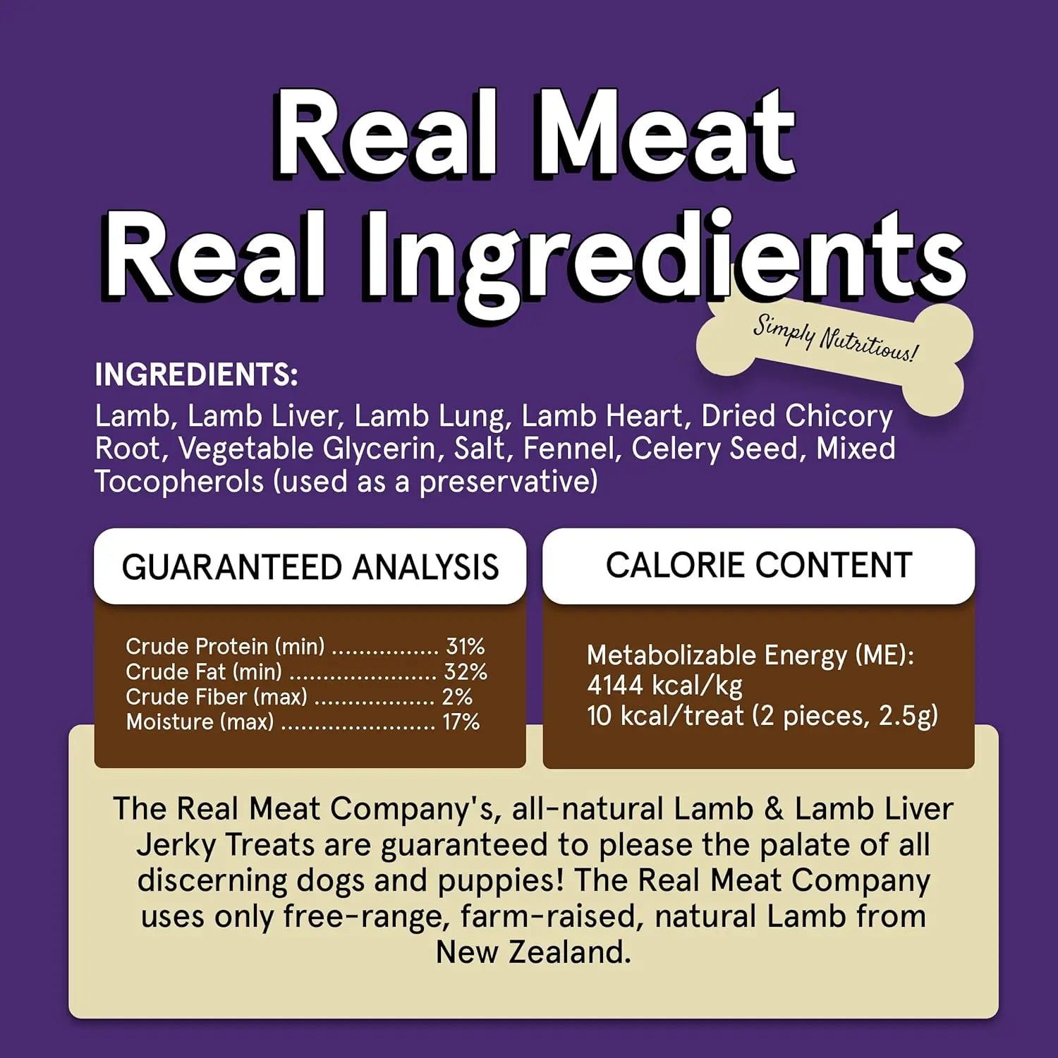 Product label for Real Meat® Lamb & Lamb Liver Jerky Dog Treat, featuring real ingredients and nutrition info. These treats use free-range, farm-raised New Zealand lamb for a wholesome, natural dog reward.