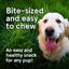 A happy golden retriever sits in tall green grass, tongue out. Text reads: Real Meat® Lamb & Lamb Liver Jerky Dog Treat—bite-sized, easy to chew, and a healthy snack made with real meat for any pup!.