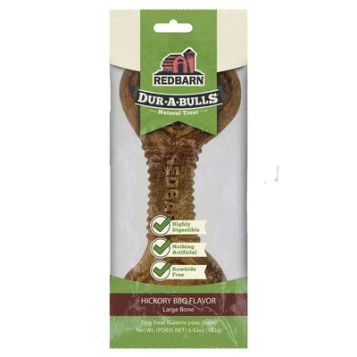 The Redbarn Pet Products Hickory BBQ Dur-A-Bulls Bone Healthy Dog Chew is a 6.42 oz (182g), rawhide-free, highly digestible dog treat with limited ingredients and nothing artificial, made by Redbarn.