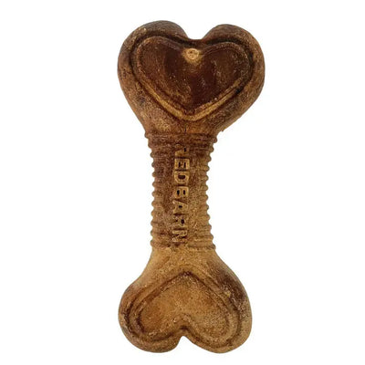 The Redbarn Hickory BBQ Dur-A-Bulls Bone Healthy Dog Chew is a brown, bone-shaped treat with heart ends, textured center grip, and “MEDIUM” embossed. Made with limited ingredients by Redbarn for a tasty and digestible dog treat your pup will love.