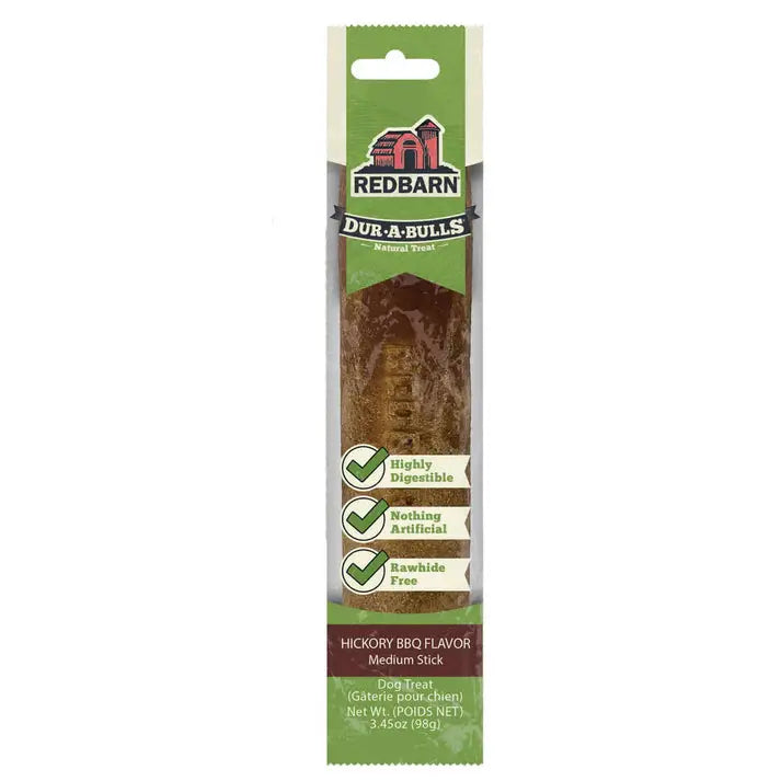 Redbarn Pet Products Hickory BBQ Dur-A-Bulls Stick Healthy Dog Chew, 3.45 oz (98g), features digestible ingredients, is rawhide-free, contains nothing artificial, and comes in hickory BBQ flavor.