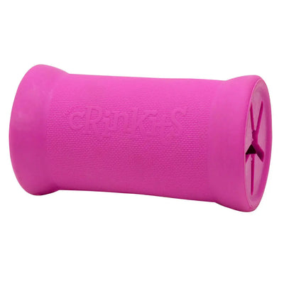 The Ruff Dawg Crinkit Rubber & Water-Bottle Tough Dog Toy by Ruff Dawg is a bright pink, floating dog toy with textured sides and a star-shaped opening for treat dispensing—ideal for playtime in the water or on land.