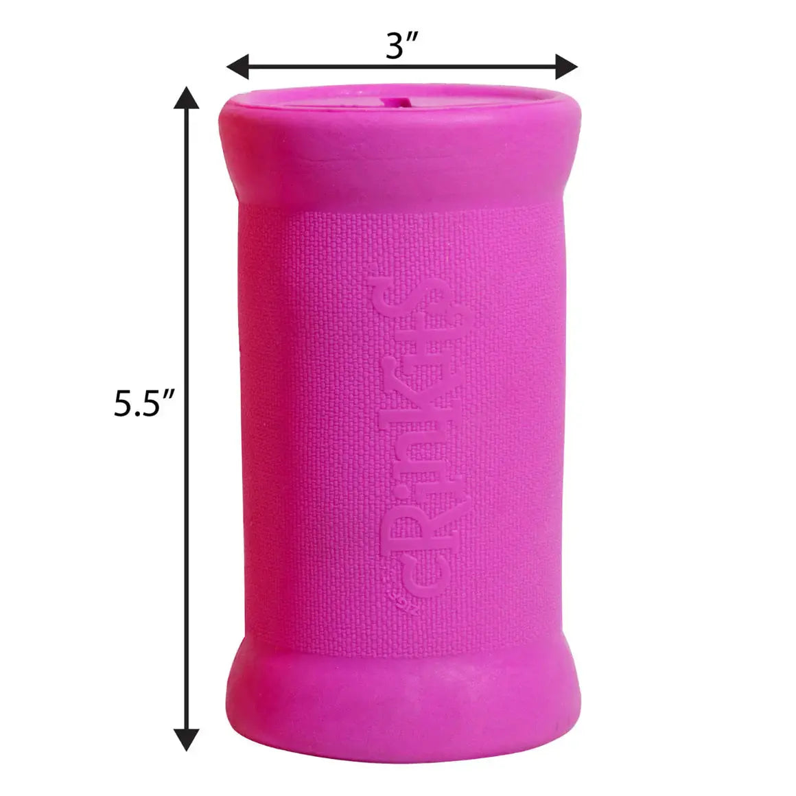 The Ruff Dawg Crinkit Rubber & Water-Bottle Tough Dog Toy by Ruff Dawg is a pink cylindrical toy with textured sides, measuring 5.5 inches tall and 3 inches wide, shown with black arrows and measurement labels.