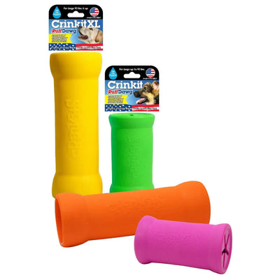 Four upright Ruff Dawg Crinkit Rubber & Water-Bottle Tough Dog Toys in orange, green, yellow, and pink. Two packages at the top show the Ruff Dawg brand—durable chew toys perfect for dogs who love to chew.