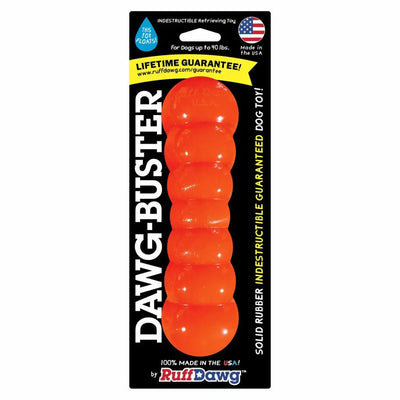 The Ruff Dawg Dawg-Buster Tough Dog Toy is shown in its packaging, labeled as indestructible, floatable, made in the USA by Ruff Dawg, and includes a lifetime guarantee.