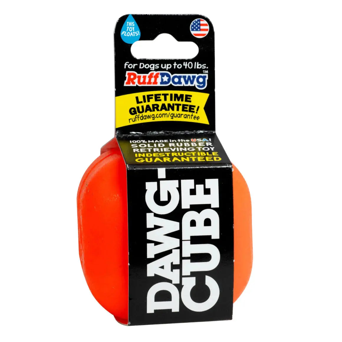 The Ruff Dawg Dawg-Cube Tough Dog Toy by Ruff Dawg is a bright orange, solid rubber toy in packaging for dogs up to 40 lbs and comes with a lifetime guarantee.