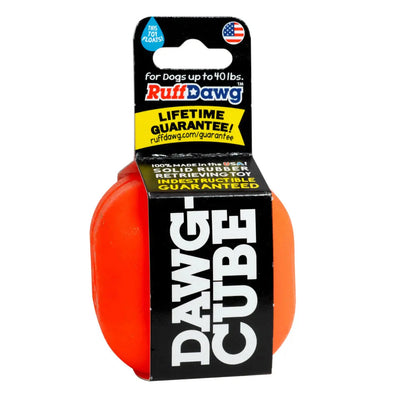 The Ruff Dawg Dawg-Cube Tough Dog Toy by Ruff Dawg is a bright orange, solid rubber toy in packaging for dogs up to 40 lbs and comes with a lifetime guarantee.