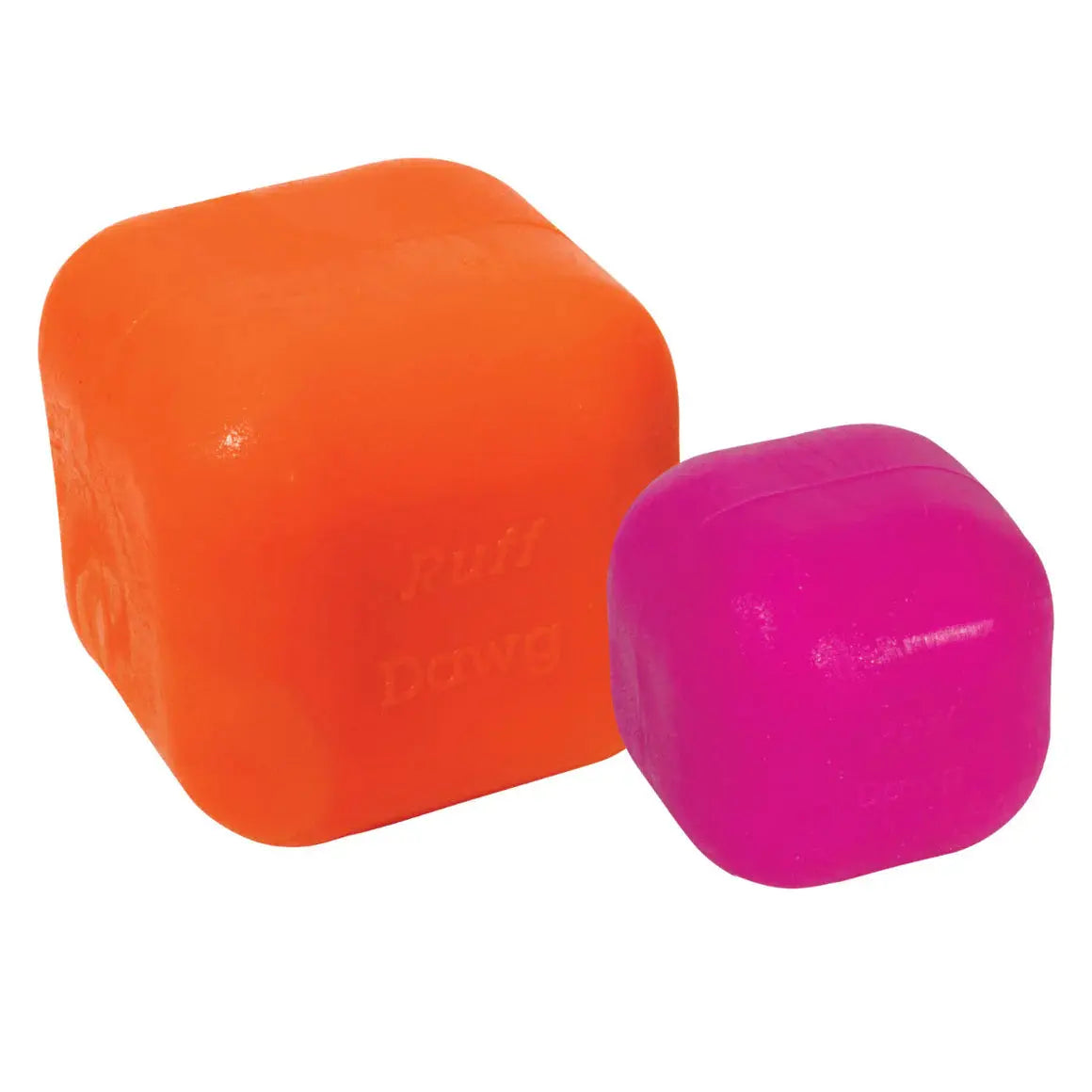 The Ruff Dawg Dawg-Cube Tough Dog Toy set includes two durable rubber cube toys—one large orange and one small pink—each embossed with Ruff Dawg.
