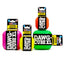 Four colorful Ruff Dawg Dawg-Cube Tough Dog Toys by Ruff Dawg in pink, yellow, orange, and green, each displaying a black and white label with the product name and lifetime guarantee, are grouped together on a white background.