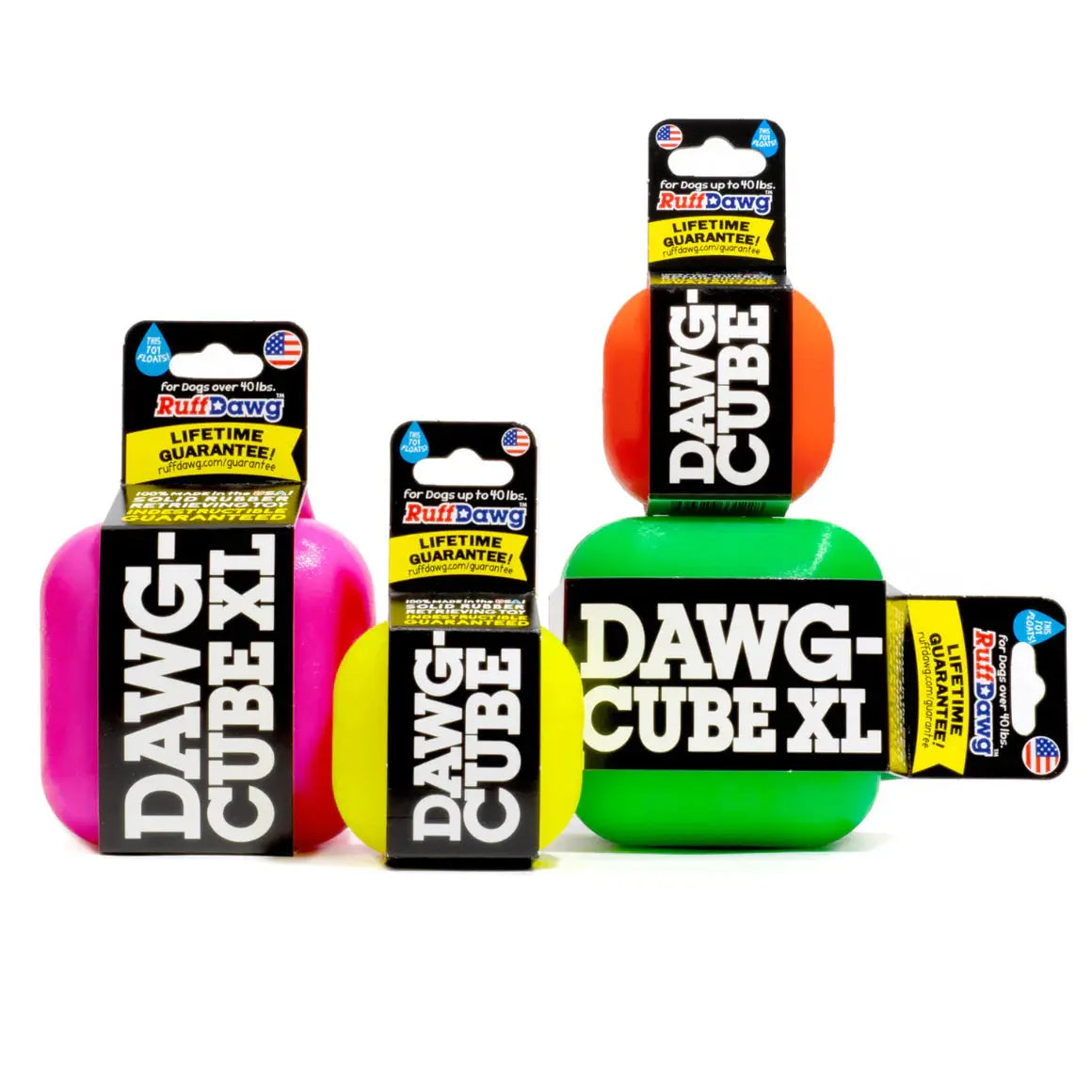 Four colorful Ruff Dawg Dawg-Cube Tough Dog Toys by Ruff Dawg in pink, yellow, orange, and green, each displaying a black and white label with the product name and lifetime guarantee, are grouped together on a white background.