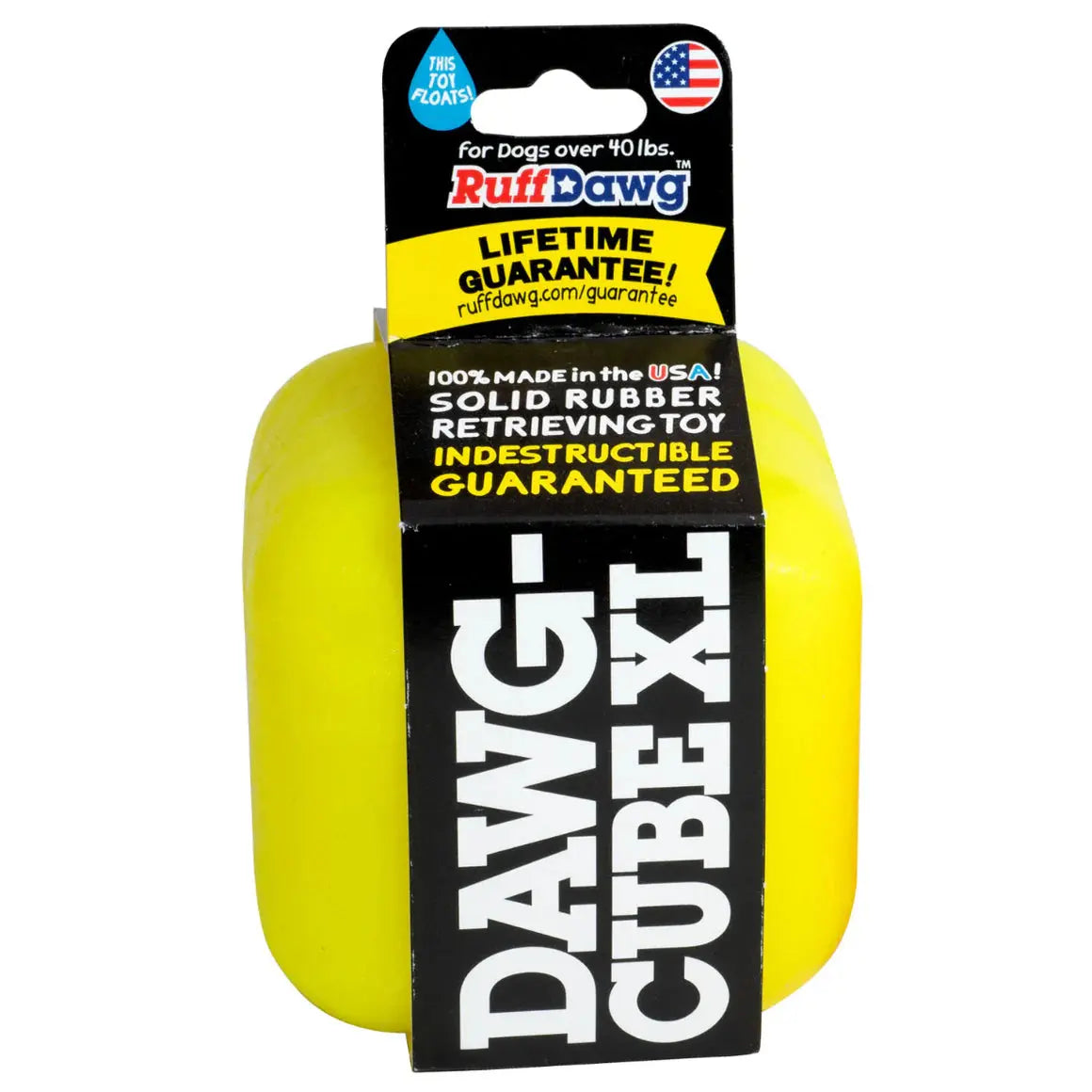 The Ruff Dawg Dawg-Cube Tough Dog Toy is a bright yellow solid rubber fetch toy for dogs over 40 lbs. This indestructible, floatable toy is made in the USA by Ruff Dawg and comes with a lifetime guarantee—perfect for large breeds.