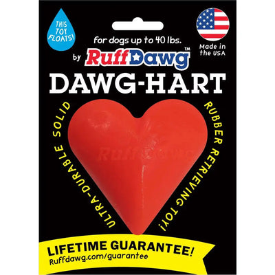The Ruff Dawg Dawg-Hart Tough Rubber Dog Chew Toy is a red, heart-shaped, ultra-durable, floating toy for dogs up to 40 lbs. Made in the USA by Ruff Dawg and backed by a lifetime guarantee. Comes on black packaging.