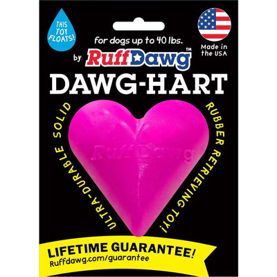 The Ruff Dawg Dawg-Hart Tough Rubber Dog Chew Toy by Ruff Dawg is a bright pink, heart-shaped chew for dogs up to 40 lbs. Ultra-durable, made in the USA, and it floats—perfect for fun playtime!.
