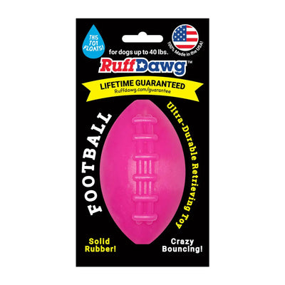 The Ruff Dawg Football Tough Rubber Dog Chew Toy is a pink, floating football-shaped toy for dogs up to 40 lbs. Made in the USA, it features solid rubber, crazy bouncing, and a lifetime guarantee.
