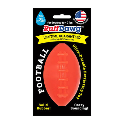 Packaging for Ruff Dawg Football Tough Rubber Dog Chew Toy by Ruff Dawg shows an orange solid rubber football with text: “for dogs up to 40 lbs,” “lifetime guaranteed,” “crazy bouncing!,” and “ultra-durable floating dog toy.”.