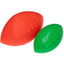 Two Ruff Dawg Football Tough Rubber Dog Chew Toys by Ruff Dawg, one red and one green with textured laces, are shown side by side on a white background. These durable toys are ideal for interactive play and can also float for water fun.