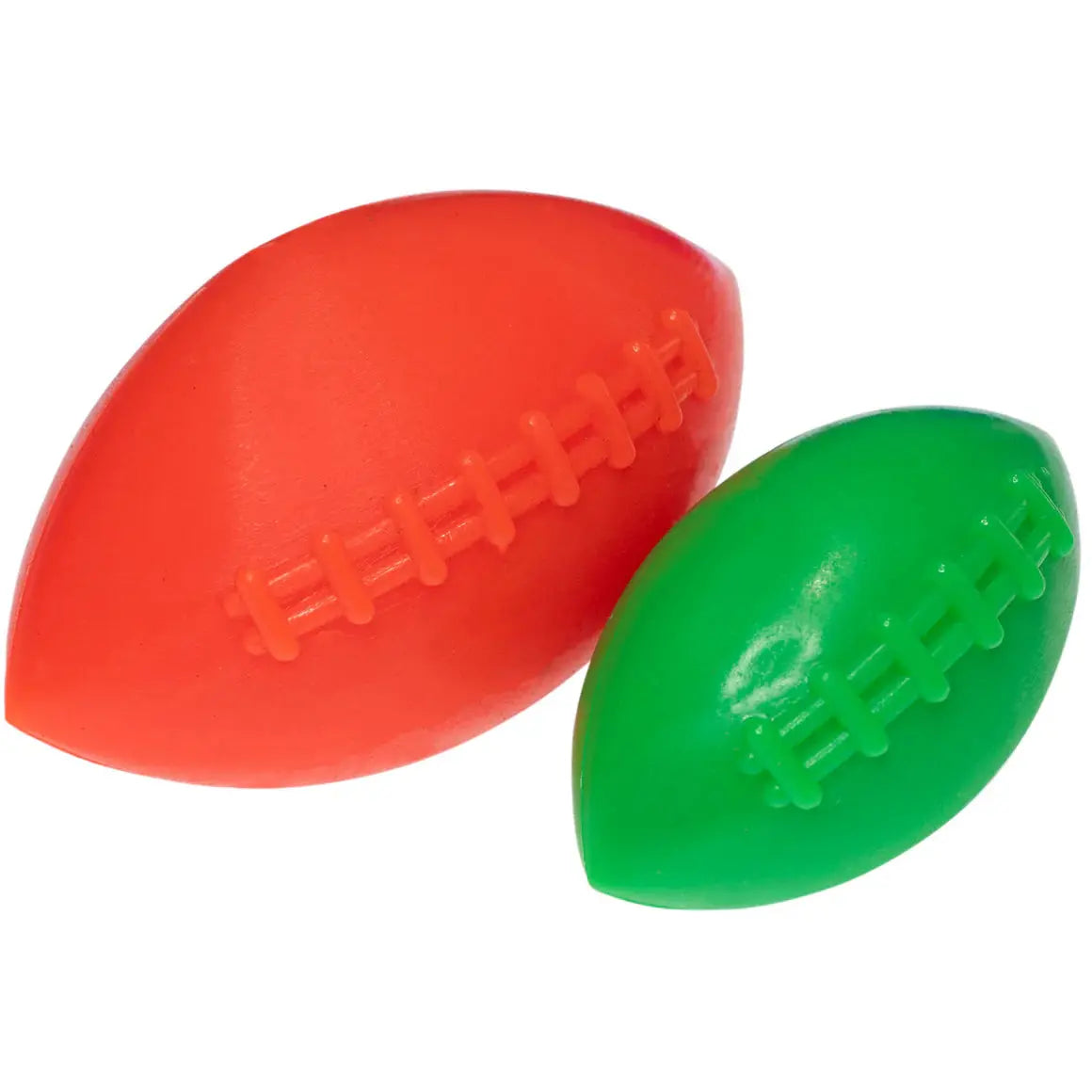 Two Ruff Dawg Football Tough Rubber Dog Chew Toys by Ruff Dawg, one red and one green with textured laces, are shown side by side on a white background. These durable toys are ideal for interactive play and can also float for water fun.