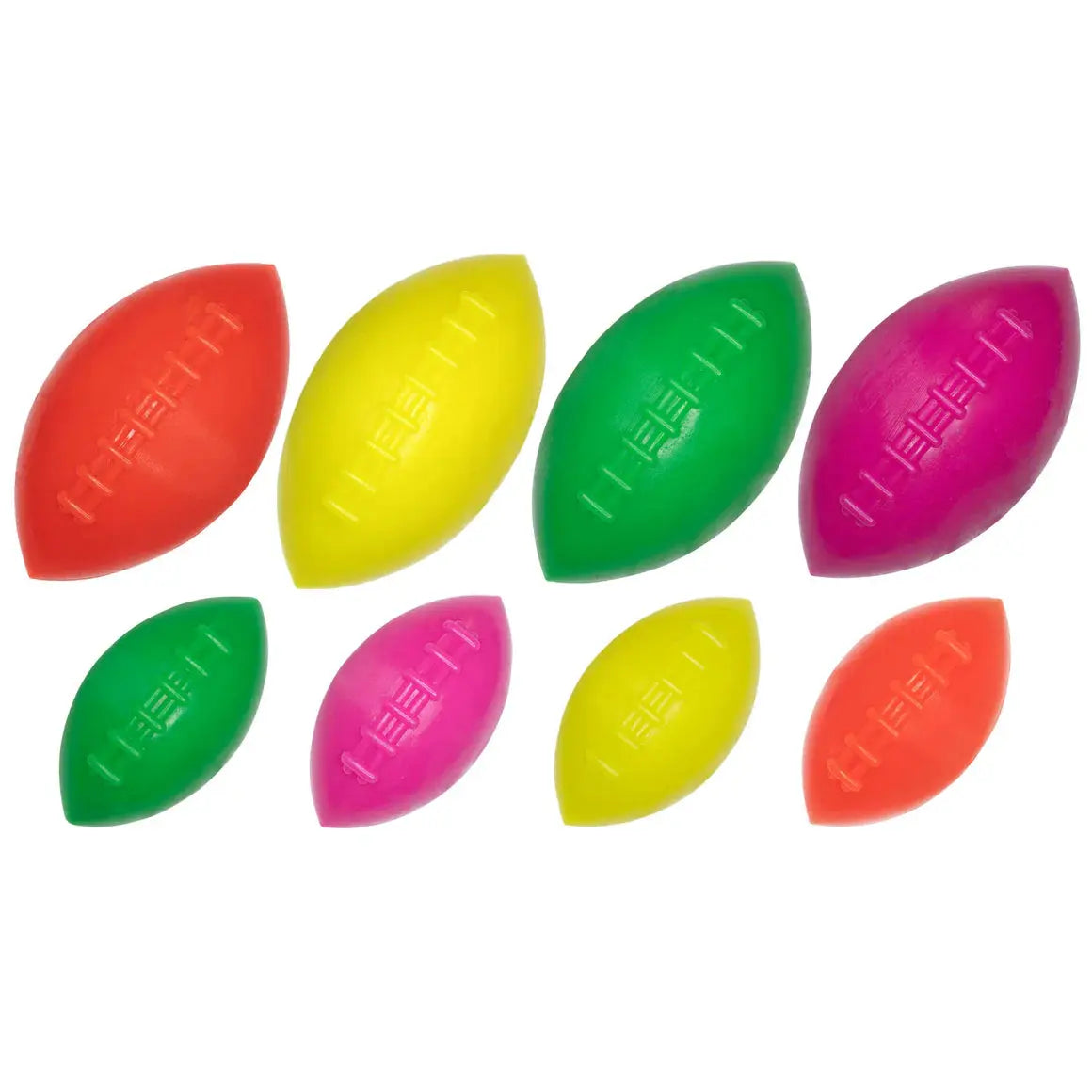 Eight small Ruff Dawg Football Tough Rubber Dog Chew Toys by Ruff Dawg, in red, yellow, green, and pink with molded stitching detail, arranged on a white background—ideal for durable play.
