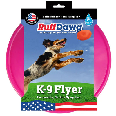 A package of Ruff Dawg K9 Flyer Disc Tough Dog Toy in vibrant pink, featuring a leaping dog and text highlighting its durability and fun for active pups. Brand: Ruff Dawg.