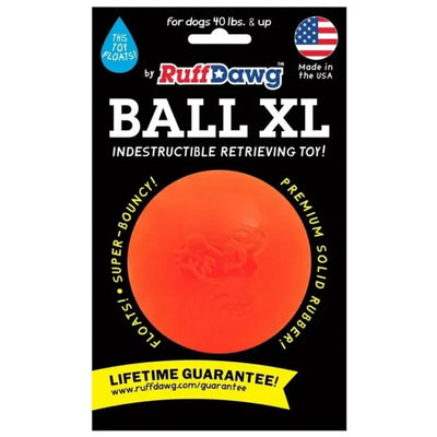 Packaging for Ruff Dawg, Ball Tough Dog Chew Toy by Ruff Dawg, a durable orange rubber ball for dogs 40 lbs+, made in the USA. Floats, bounces, and backed by a lifetime guarantee.