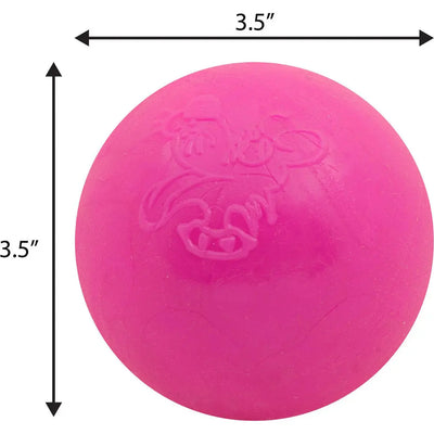 The Ruff Dawg Ball Tough Dog Chew Toy by Ruff Dawg is a pink, round, durable rubber ball with a 3.5-inch diameter and subtle embossed character design; black arrows show width and height.