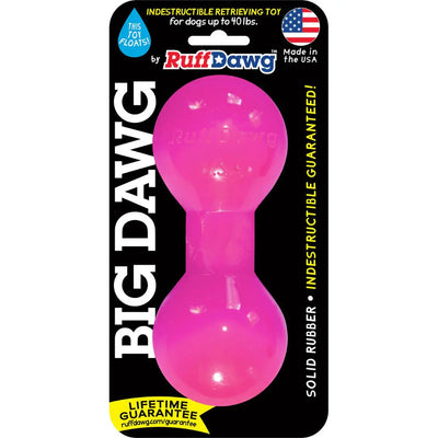 The Ruff Dawg Big Dawg Barbell Tough Dog Chew Toy is a pink, bone-shaped rubber toy for dogs up to 40 lbs. Indestructible, made in the USA, it floats and comes packaged on a black card.