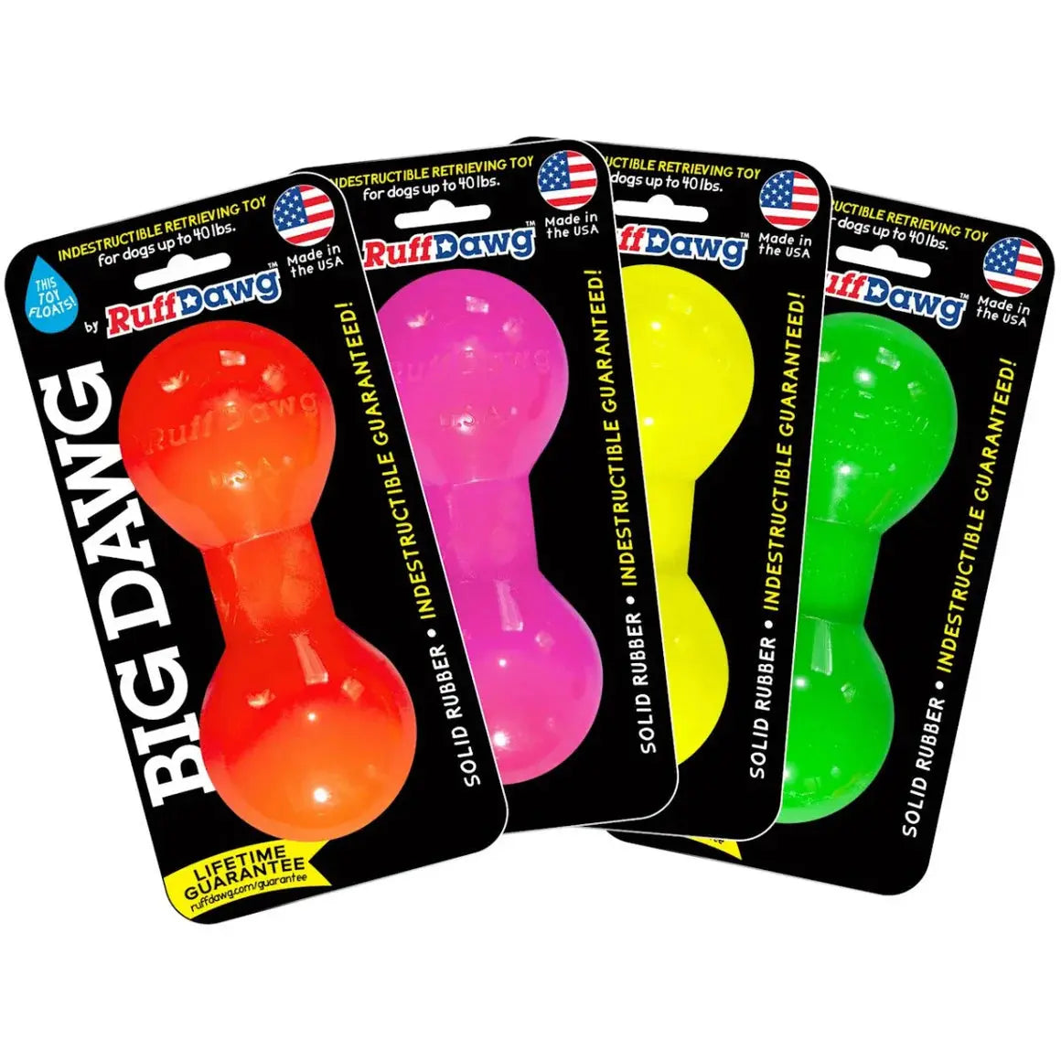 Four Ruff Dawg Big Dawg Barbell Tough Dog Chew Toys (orange, pink, yellow, and green)—each is USA-made and designed for dogs up to 40 lbs.