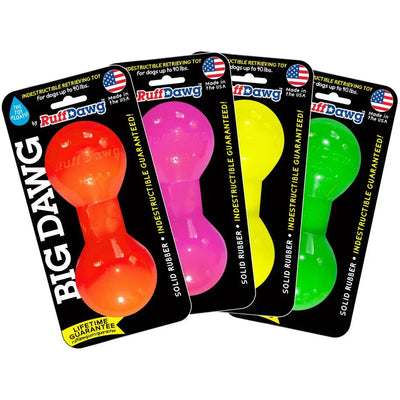 Four Ruff Dawg Big Dawg Barbell Tough Dog Chew Toys (orange, pink, yellow, and green)—each is USA-made and designed for dogs up to 40 lbs.