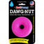 A package shows the pink Ruff Dawg Dawg Nut Tough Dog Chew Toy, a durable rubber toy for dogs up to 40 lbs. The packaging states it’s indestructible, floats, made in the USA, and comes with a lifetime guarantee.