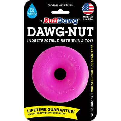 A package shows the pink Ruff Dawg Dawg Nut Tough Dog Chew Toy, a durable rubber toy for dogs up to 40 lbs. The packaging states it’s indestructible, floats, made in the USA, and comes with a lifetime guarantee.