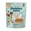 A teal bag of Shameless Pets Catnip N Chill Chicken Liver Crunchy Cat Treats 2.5oz features chicken liver, catnip, and a cartoon cat, with text highlighting prebiotics and probiotics for digestive support in these sustainable treats.