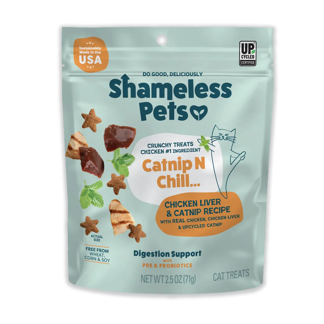 A teal bag of Shameless Pets Catnip N Chill Chicken Liver Crunchy Cat Treats 2.5oz features chicken liver, catnip, and a cartoon cat, with text highlighting prebiotics and probiotics for digestive support in these sustainable treats.