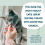 A person offers a gray cat a crunchy treat. Text reads: Shameless Pets Catnip N Chill Chicken Liver Crunchy Cat Treats deliver irresistible taste and crunch—chosen 2:1 over the national leading brand.