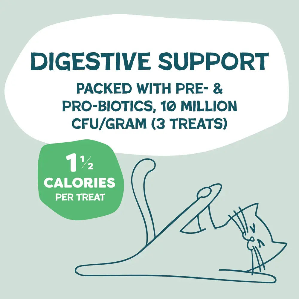 Illustration of a cat stretching, with “Digestive Support” above. Shameless Pets Catnip N Chill Chicken Liver Crunchy Cat Treats: 10M CFU/gram pre- & probiotics (in 3 treats), just 1½ calories per treat. Purr-worthy, sustainable nutrition!.