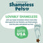 A promo graphic for Shameless Pets Catnip N Chill Chicken Liver Crunchy Cat Treats 2.5oz shows the logo, “DO GOOD, DELICIOUSLY” tagline, a cat with a heart, note on sustainable treats, and a green “Sustainably Made in the USA” badge.