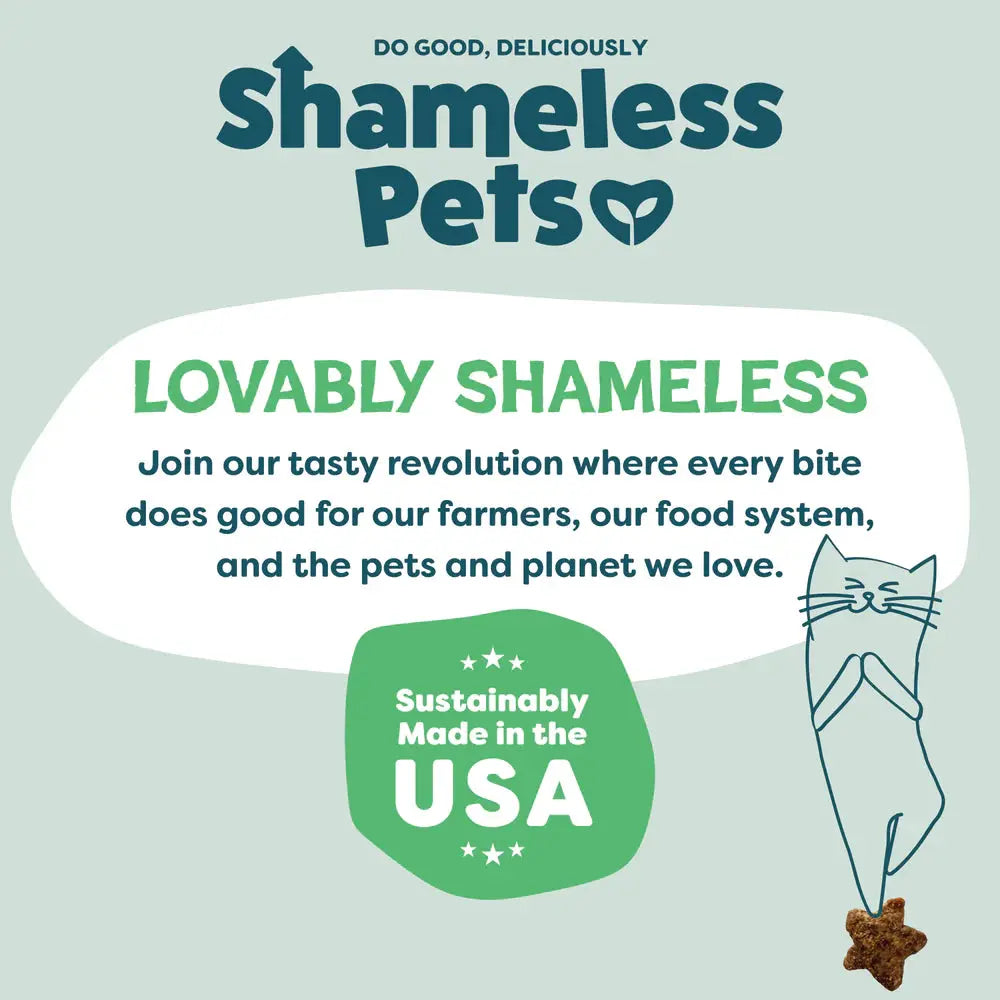 A promo graphic for Shameless Pets Catnip N Chill Chicken Liver Crunchy Cat Treats 2.5oz shows the logo, “DO GOOD, DELICIOUSLY” tagline, a cat with a heart, note on sustainable treats, and a green “Sustainably Made in the USA” badge.