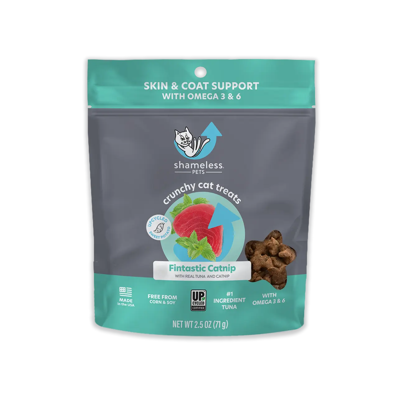 Shameless Pets Fintastic Catnip Crunchy Cat Treats 2.5oz—tuna and catnip treats in a teal and gray pouch, with omega 3 & 6 for skin and coat support; tasty, sustainable snacks your cat will love.