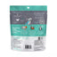 The back of Shameless Pets Fintastic Catnip Crunchy Cat Treats 2.5oz shows a turquoise and white design, cartoon cat, feeding instructions, QR codes, omega info, upcycling details, and a goal to upcycle 5 million pounds of food by 2025.