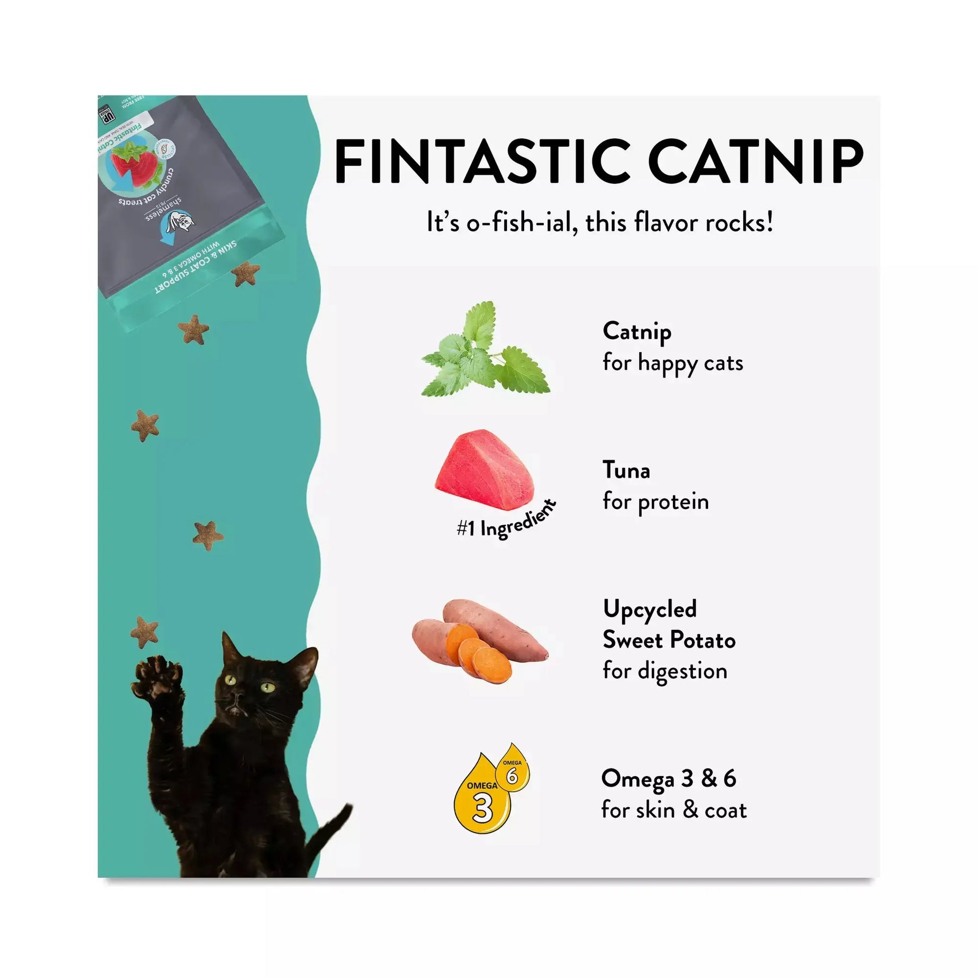 A playful graphic of a cat swatting at stars highlights the benefits of catnip, tuna, upcycled sweet potato, and omegas in Shameless Pets Fintastic Catnip Crunchy Cat Treats 2.5oz, with a treat bag partly visible at top left.