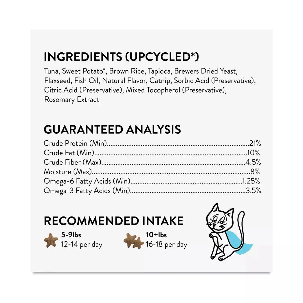 The Shameless Pets Fintastic Catnip Crunchy Cat Treats 2.5oz label shows tuna, sweet potato, brown rice, nutrition info, daily feeding by cat weight, and a happy blue-tailed cat enjoying these sustainable treats from Shameless Pets.