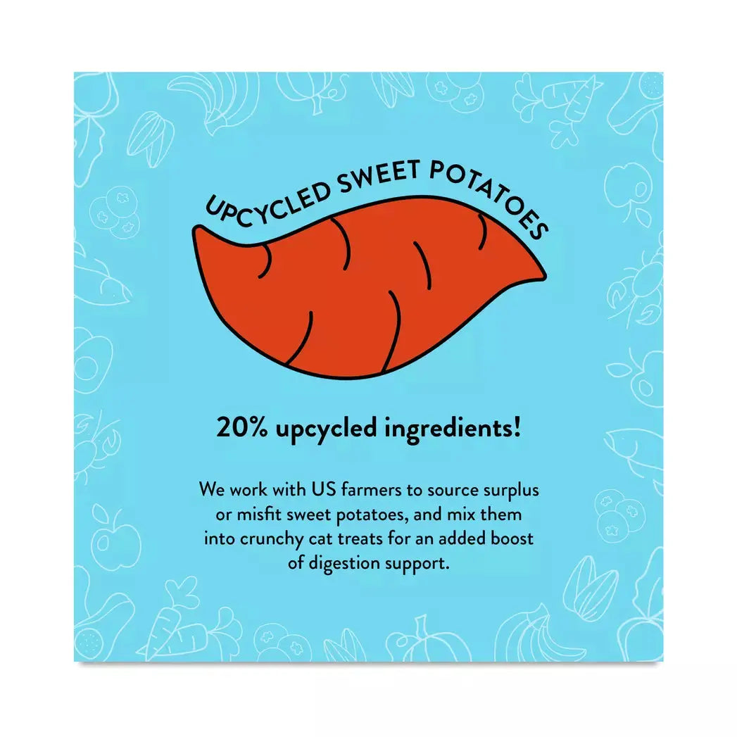A graphic of a sweet potato with “Upcycled Sweet Potatoes” above it. Below: 20% upcycled ingredients! Shameless Pets Fintastic Catnip Crunchy Cat Treats blend surplus US sweet potatoes into bites that help support your cat’s digestion.