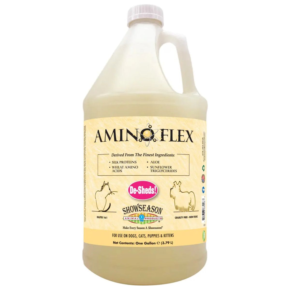 A gallon jug of Showseason AminoFlex 2-in-1 De-Shedding and Moisturizing Shampoo for Pets with a yellow label, enriched with silk proteins, wheat amino acids, aloe, and sunflower triglycerides. Cruelty-free; safe for dogs, cats, puppies, and kittens.