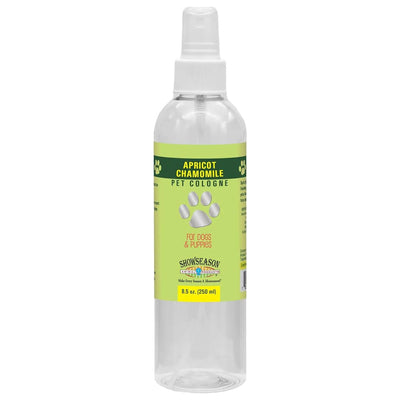 Showseason Apricot Chamomile Pet Cologne for dogs and puppies comes in a clear 8.5 oz (250 ml) spray bottle with a yellow and green label—perfect for grooming sessions.