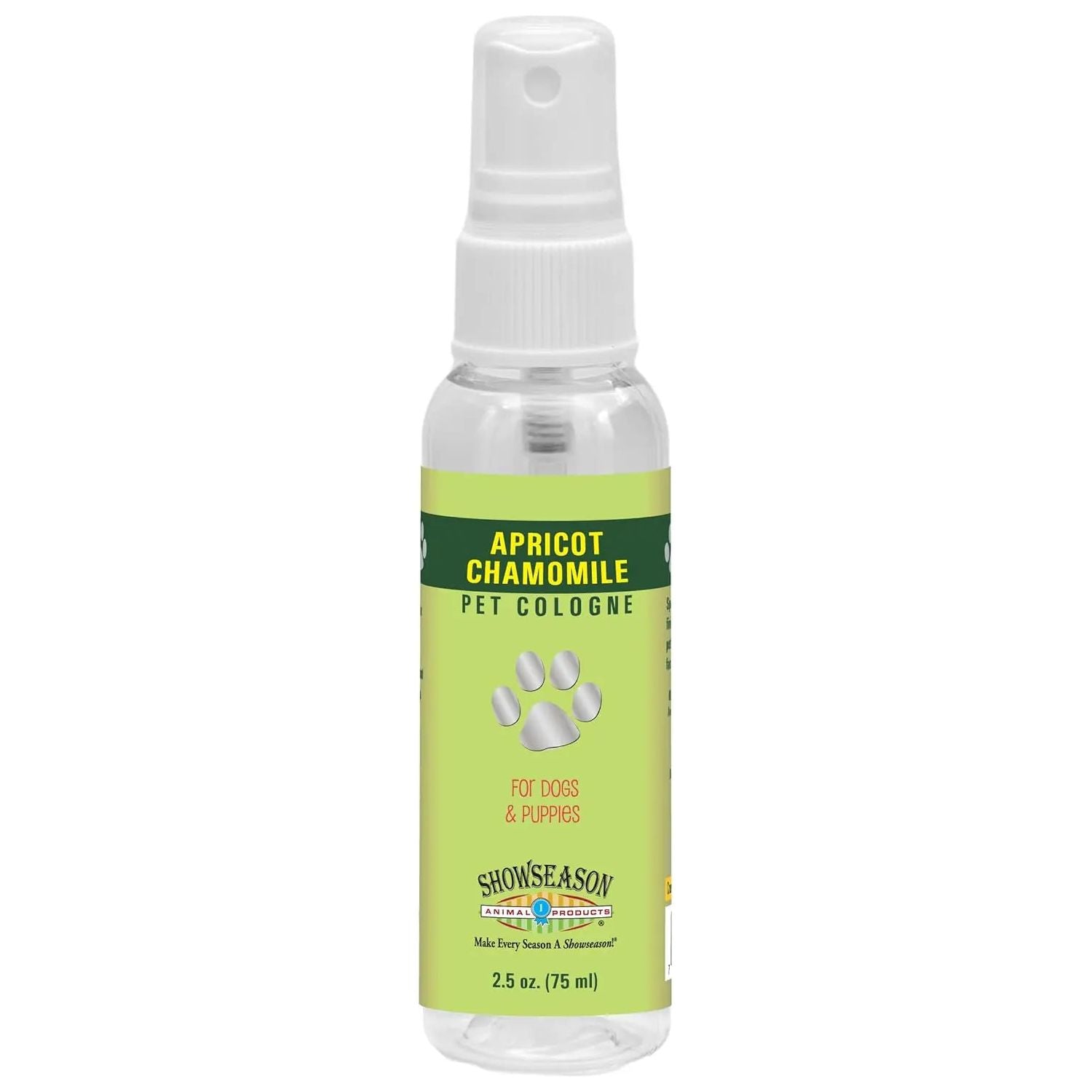 Showseason Apricot Chamomile Pet Cologne, 2.5 oz (75 ml), is perfect for freshening up your dog or puppy during grooming sessions. Features a cute paw print design with green, yellow, and white accents.