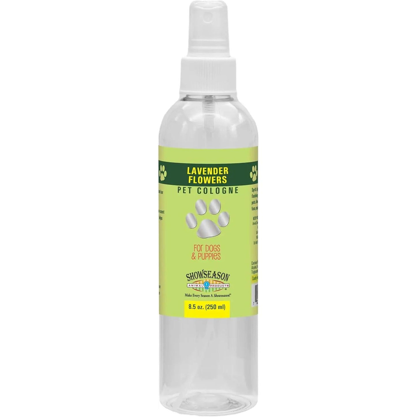 Showseason Lavender Flowers Pet Cologne for Dogs & Puppies comes in an 8.5 oz clear spray bottle with a white nozzle, green and yellow label, and provides long-lasting odor control.