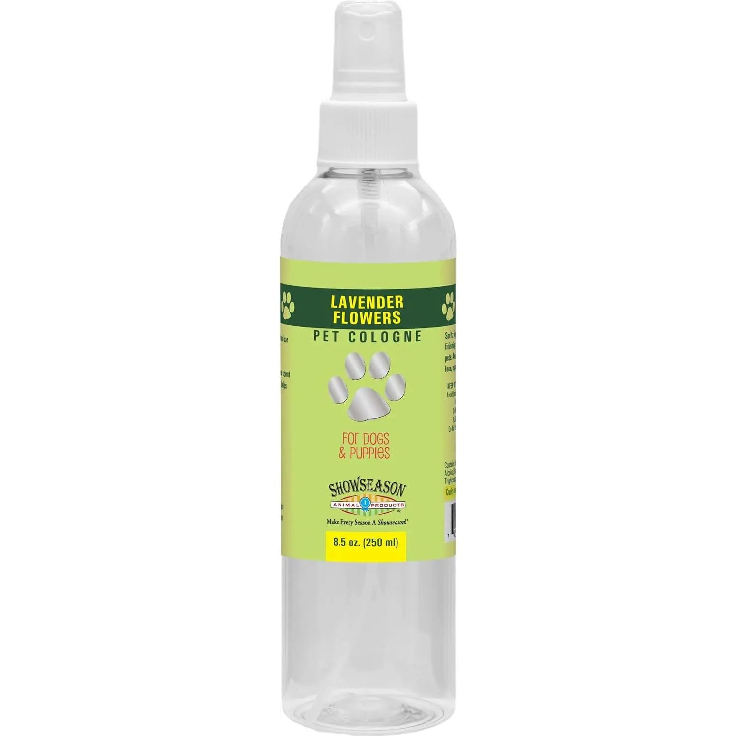 Showseason Lavender Flowers Pet Cologne for Dogs & Puppies comes in an 8.5 oz clear spray bottle with a white nozzle, green and yellow label, and provides long-lasting odor control.
