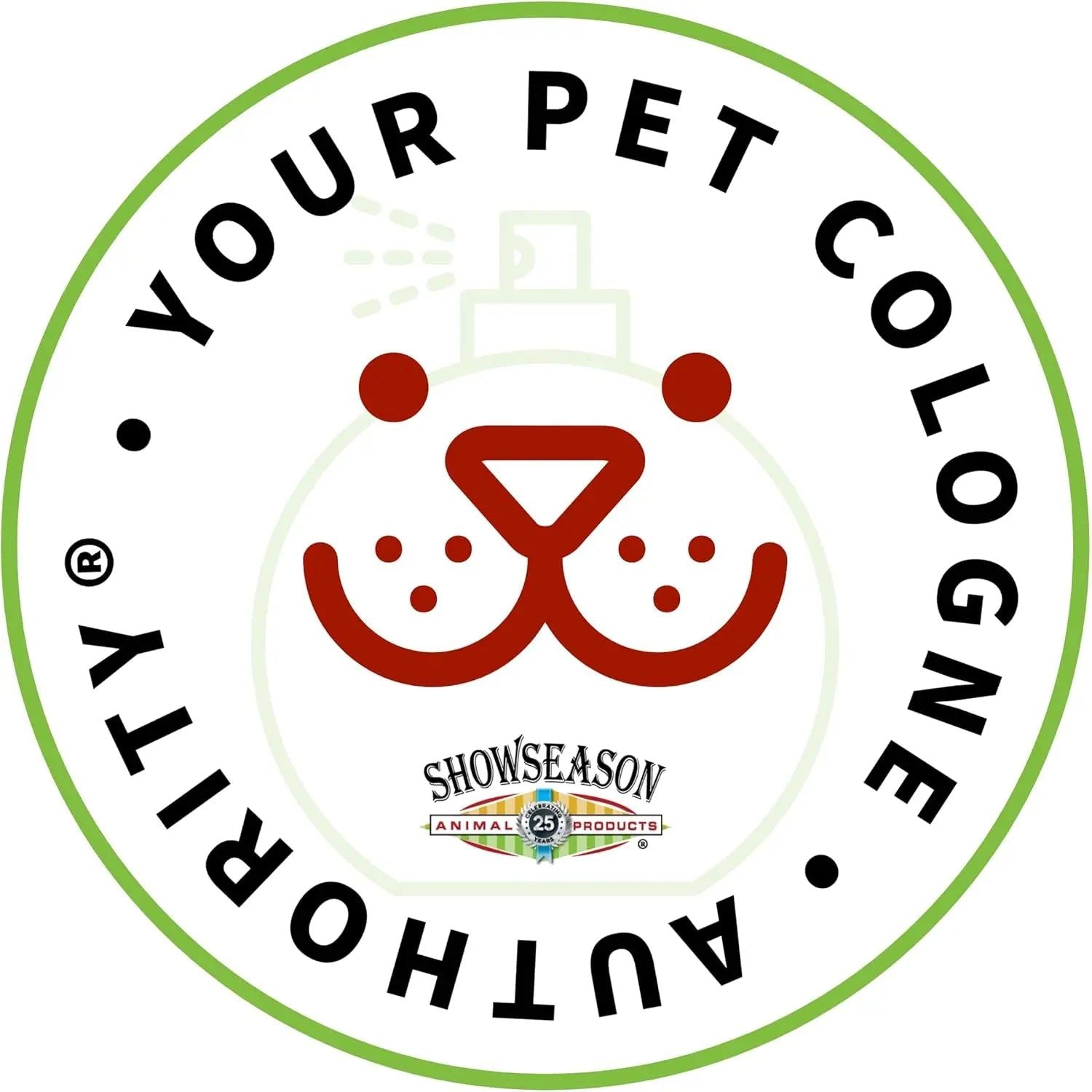 Circular logo with green outline shows a perfume bottle like a pet’s face, red nose and whiskers, and “YOUR PET COLOGNE AUTHORITY®.” “Eco-Friendly Formula by Showseason. Showseason Lavender Flowers Pet Cologne” appears at the bottom.