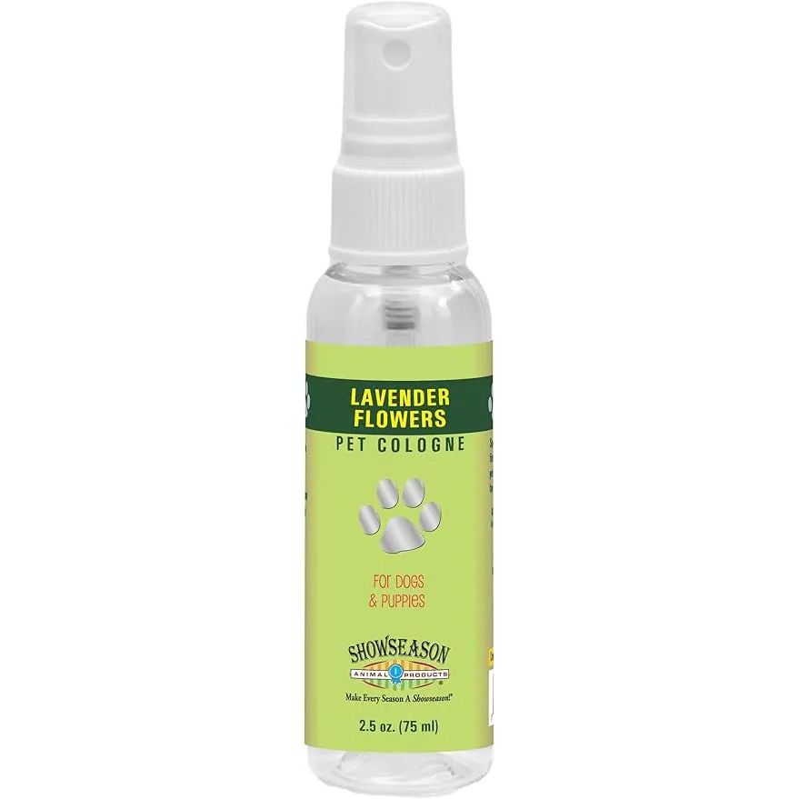 Showseason Lavender Flowers Pet Cologne for dogs and puppies offers eco-friendly, long-lasting odor control in a convenient 2.5 oz (75 ml) spray bottle with a green and yellow design featuring white paw prints.