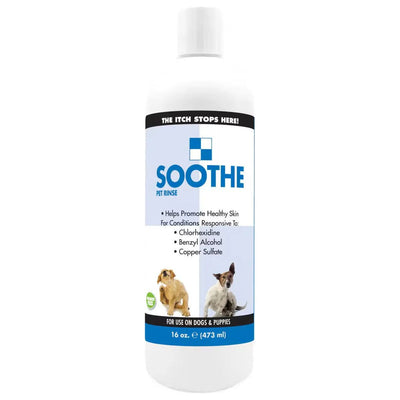 A white bottle labeled Showseason Soothe Rinse Dog Conditioner Itch Relief and Moisturizer, featuring dog images, is designed to relieve itchy skin and promote healthy skin with ingredients like chlorhexidine and benzyl alcohol.
